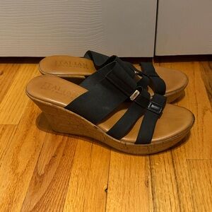 Italian Shoemakers Black Wedge Sandals with Cork Sole
